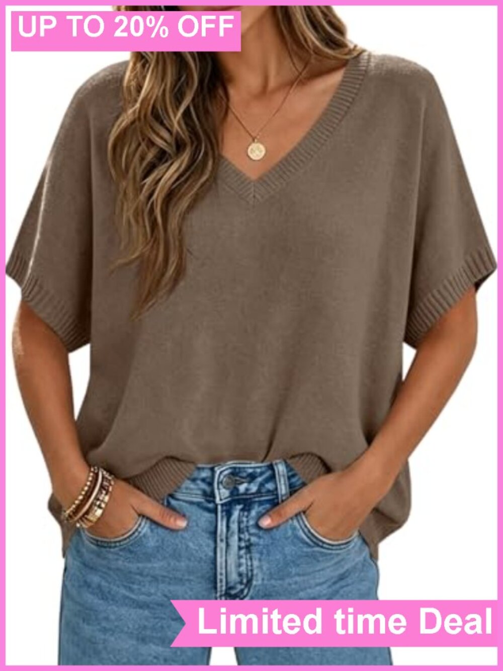 Oversized Batwing Short Sleeve Knit Pullover Sweater V-Neck